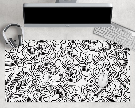 Black Topographic Desk Mat, Large Gaming Mousepad, Black Desk Pad