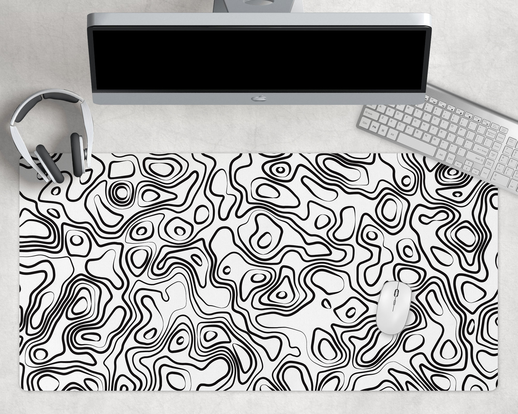 White Topographic Desk Mat, Black Gaming Desk Mat, Extended Mouse Pad,  Topography Desk Mat, Extra Large Desk Mat Keyboard, Desk Accessories 