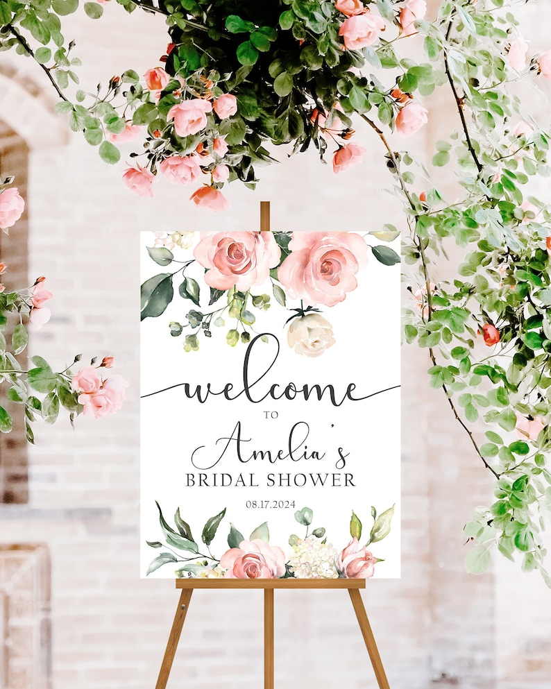 Blush Pink Floral Bridal Shower Sign, Custom Bridal Shower Welcome Sign Floral, Flower Bridal Shower Decor, Floral Bridal Shower Decorations image 1