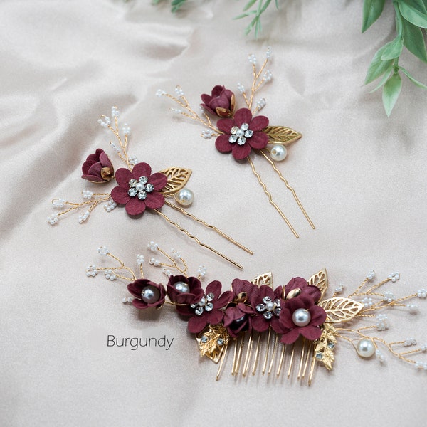 Floral Wedding Hair Comb Burgundy Bridal Wedding Comb Wedding Hair Comb Bridal Accessories 2 pins and comb