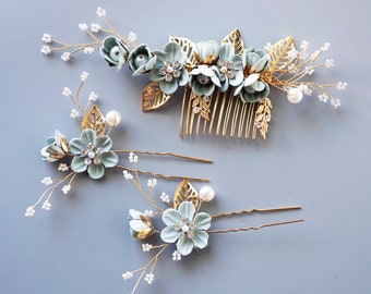 Sage Green Floral Wedding Hair Comb White Bridal Wedding Comb Wedding Hair Comb Bridal Accessories