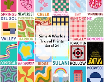 Set von 24 digitalen Kunstdrucken Sims Welten Trendige Reisedrucke Geschenk Sims 4 Merch Simmer Geschenk für Gamer Raumdekor Nerdy Geschenk für Freund
