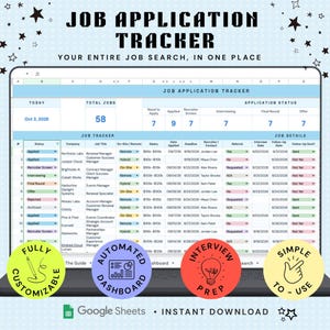 Job Application Tracker: Google Sheets Instant Digital Download, Easy Interview Prep, Career Planner, Simple Spreadsheet and Dashboard