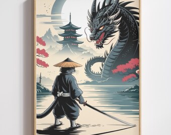 Samurai Cat Dragon Ukiyo-e Print, Japanese Mythical Battle Wall Art (Digital Download)