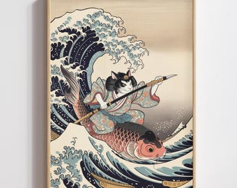 Japanese Cat Wall Art, Koi Rider Ukiyo-e Print, Great Wave Printable (Digital Download)