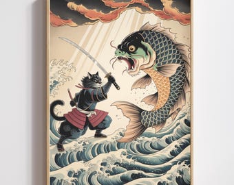 Samurai Cat Koi Fish Print | Ukiyo E Warrior Wall Decor (Digital Download)