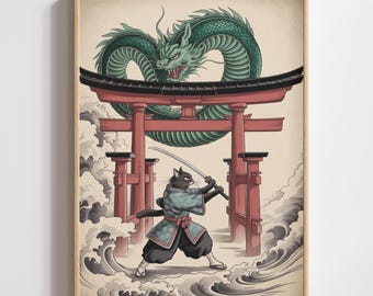 Samurai Cat Wall Art | Japanese Dragon Warrior Print (Digital Download)