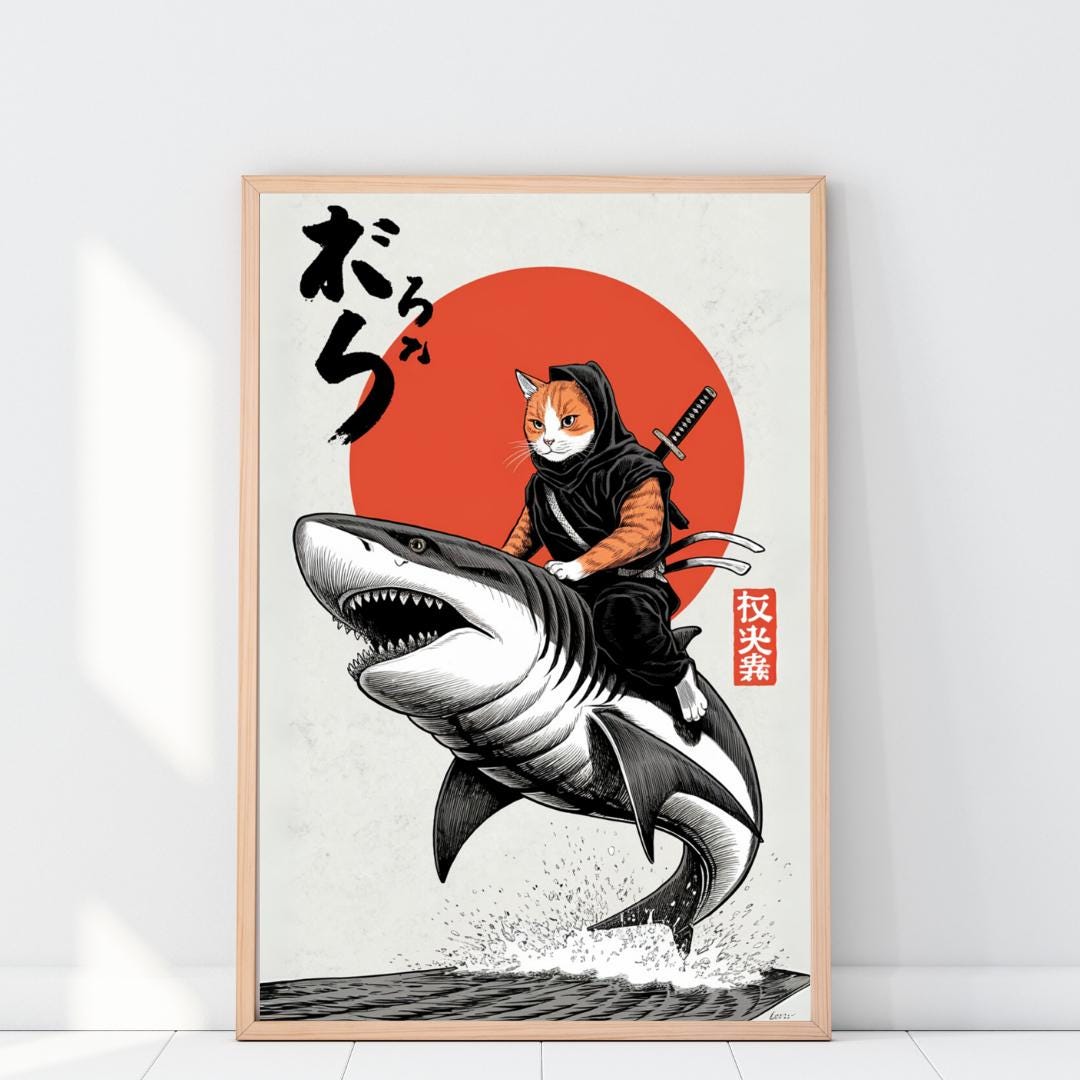 Ninja Cat Riding Shark Print: Japanese Comic Wall Art (digital Download ...