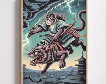 Samurai Cat Wall Art | Japanese Yokai Warrior Print (Digital Download)