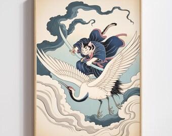 Samurai Cat Wall Art | Mythic Crane Rider Ukiyo-e Print (Digital Download)