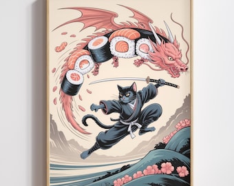Ninja Cat Sushi Dragon Ukiyo-e Print, Japanese Fantasy Wall Art (Digital Download)