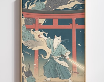 Samurai Cat Warrior Art | Japanese Yokai Spirit Ukiyo-e Print (Digital Download)