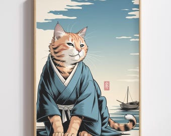 Kimono Cat Ukiyo-e Print, Japanese Seaside Wall Art, Edo Minimalist Ocean Decor (Digital Download)