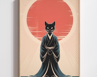 Zen Samurai Cat Sun Wall Art | Japanese Minimalist Meditation Print (Digital Download)