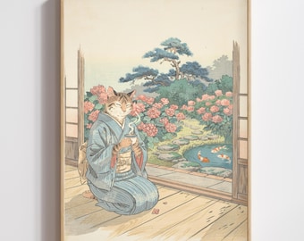 Japanese Ukiyo-e Cat Wall Art: Morning Tea on the Engawa, Peaceful Zen Garden Print (Digital Download)