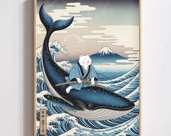 Japanese Cat Wall Art, Ukiyo-e Whale Rider Print, Mount Fuji Ocean Decor (Digital Download)