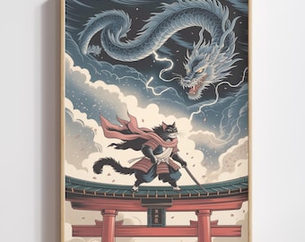 Samurai Cat Dragon Wall Art | Ukiyo-e Ronin Cat Print (Digital Download)