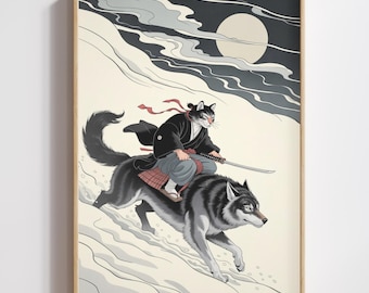 Samurai Cat Wall Art | Ukiyo-e Ronin Wolf Rider Print (Digital Download)