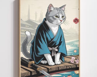 Kimono Cat Ukiyo-e Print, Japanese Riverside Wall Art, Lantern Scene Decor (Digital Download)