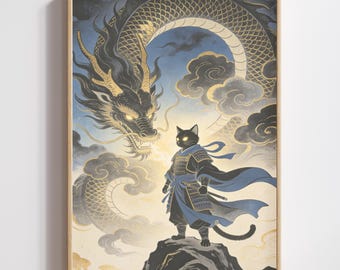Samurai Cat Dragon Print | Japanese Mythology Wall Art (Digital Download)