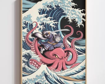 Samurai Cat Octopus Wave Print | Ukiyo E Ocean Warrior Decor (Digital Download)