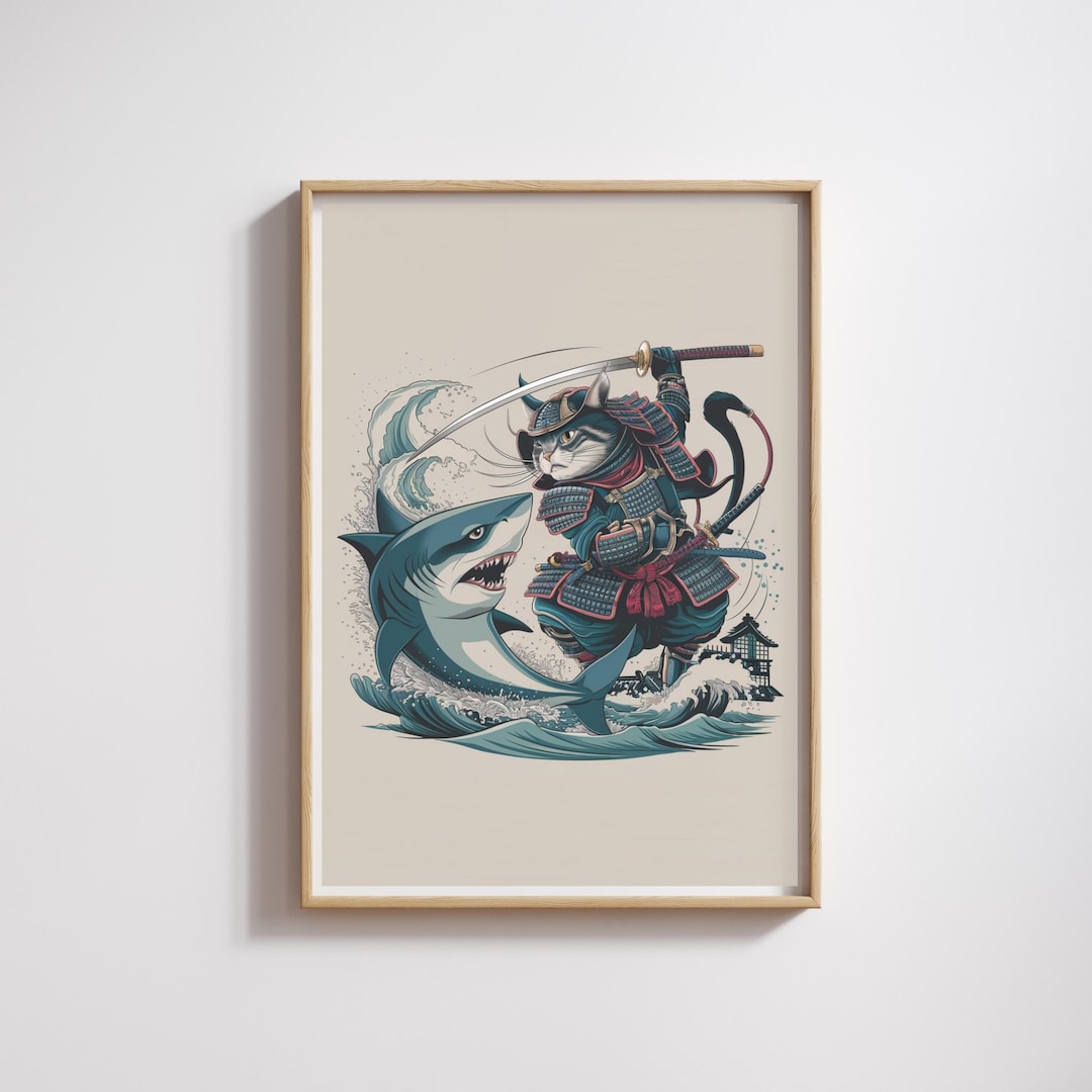 Japanese Samurai Cat Wall Art Ukiyo-e Inspired Sea Warrior Riding Shark ...