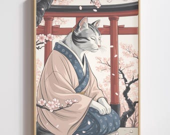 Ukiyo-e Cat Print | Japanese Sakura Cat Wall Art Torii Gate Zen Poster Digital Download