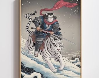 Japanese Samurai Cat Wall Art, White Tiger Rider Ukiyo-e Inspired Printable (Digital Download)