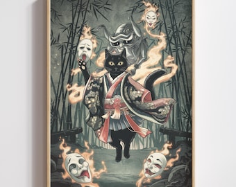 Black Cat Art Yokai Spirit Print (Digital Download)