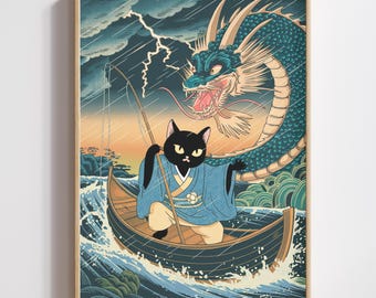 Black Cat Art Ukiyo-e Dragon Print (Digital Download)