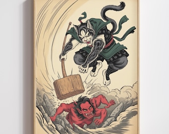 Japanese Samurai Cat Wall Art, Oni Yokai Battle Print, Ukiyo-e Inspired Feline Warrior Decor (Digital Download)