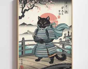 Black Cat Art Samurai Wall Print (Digital Download)