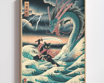 Black Cat Art Ukiyo-e Dragon Storm (Digital Download)