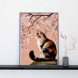 Calico Cat Cherry Blossom Print: Japanese-Inspired Wall Art (Digital Download