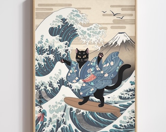 Black Cat Art Japanese Wave Print (Digital Download)