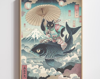 Black Cat Art Ukiyo-e Koi Rider (PDF Download)