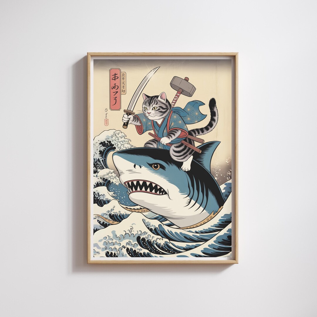 Japanese Samurai Cat Wall Art Ukiyo-e Inspired Mythical Warrior Riding ...