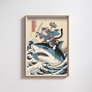 Samurai Cat Riding Shark Ukiyo-e Art Print (Digital Download)