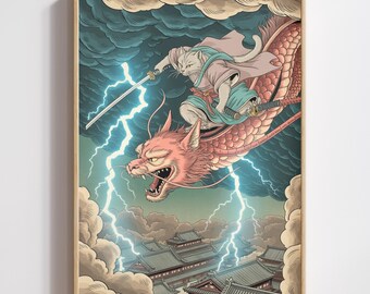 Samurai Cat Dragon Storm Rider Print, Japanese Ukiyo-e Warrior Art (Digital Download)
