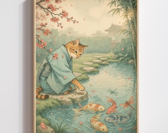 Japanese Ukiyo-e Cat Wall Art: Koi Pond Dreamer, Serene Garden Printable Decor (Digital Download)