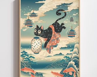 Black Cat Art Japanese Fantasy Print (Digital Download)