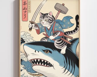 Samurai Cat Riding Shark Ukiyo-e Wall Art, Japanese Warrior Decor (Digital Download)