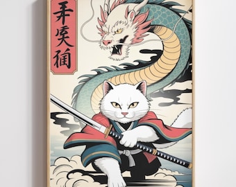 Samurai Cat Art Print – Japanese Ukiyo-e Dragon Wall Decor (Digital Download)