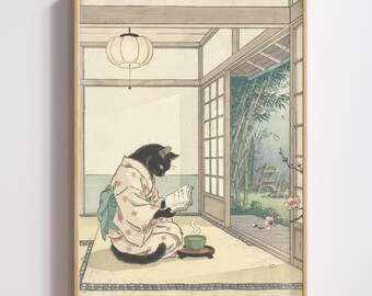 Japanese Ukiyo-e Cat Wall Art: Rainy Day Book Club, Cozy Reading Room Print (Digital Download)