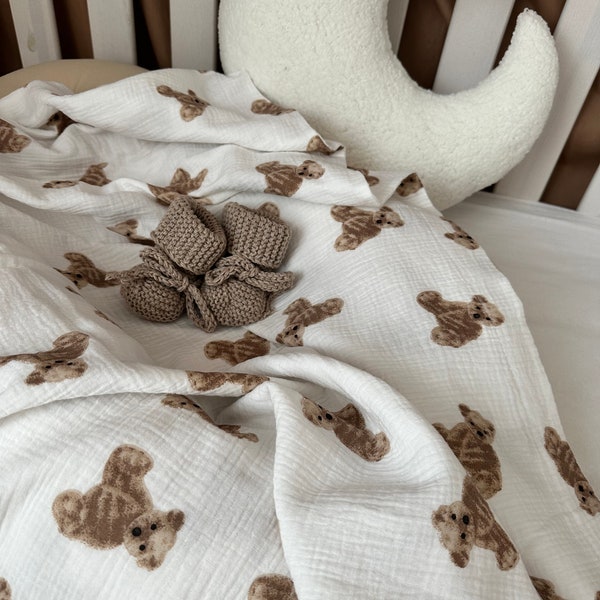 Musselin Babydecke vierlagig mit Bärenprint, Sommerdecke