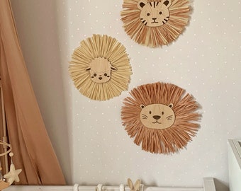 Raffia Wall Hanging, Baby Room Decor, Boho Wall Art, Safari Animal Heads, Wall Animals, Nursery Decor, Lion, Tiger, Bear, Sheep