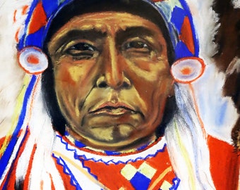 Stony Plain First Nations (Indian) Chief Pastel Drawing 1968 par Ret Peacey