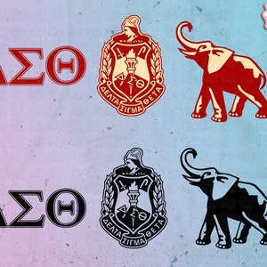 May include: Two versions of a Delta Sigma Theta sorority crest, one in red and one in black. The crest features a shield with a torch, lightning bolt, and a star. The text "Delta Sigma Theta" is written around the shield. Below the crest is an elephant with its trunk raised.