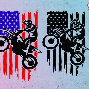 May include: Silhouette of a motocross rider on a dirt bike, jumping over a tattered American flag. The rider is wearing a helmet and goggles. The flag is red, white, and blue.