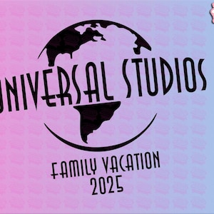 May include: Black and white graphic design featuring a globe with the text "Universal Studios Family Vacation 2025".
